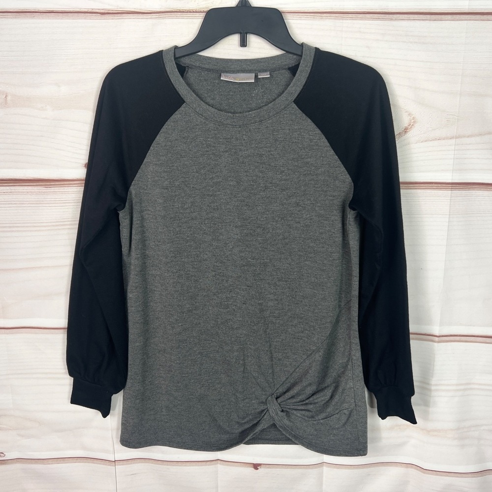 Belle by Kim‎ Gravel Top Womens XXS Gray French Terry Shirt Balloon Sleeve Twist